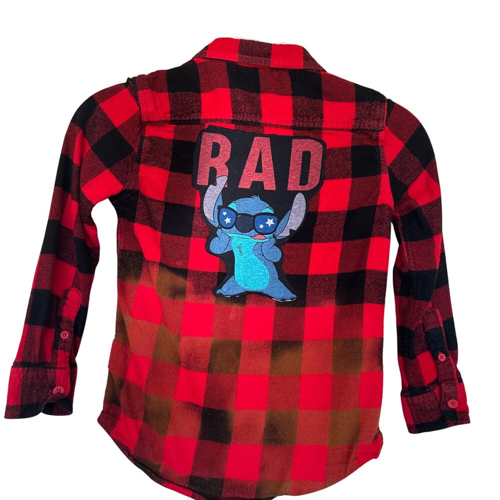 Stitch Rad Kids Plaid Flannel Button Down Shirt SMALL Lilo Disney Unique Red